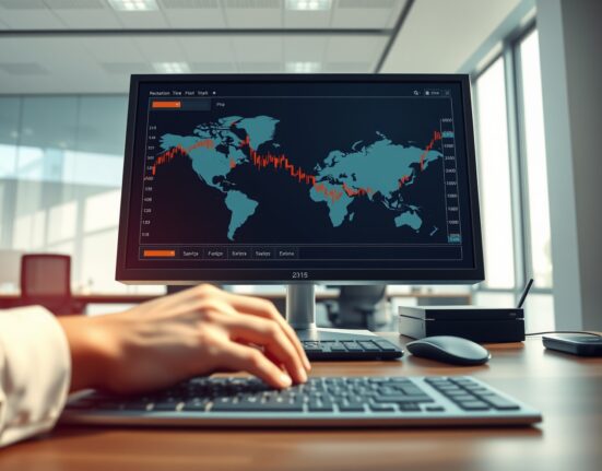 EUR/USD chart analysis on a trading desk monitor showing currency pair stability.