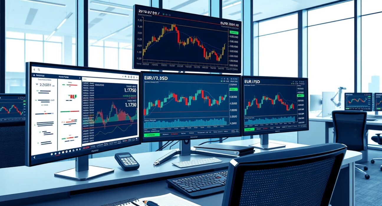 Professional forex trading desk monitoring EUR/USD currency pair at 1.1760 during market analysis.