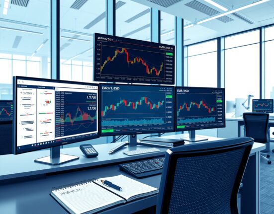 Professional forex trading desk monitoring EUR/USD currency pair at 1.1760 during market analysis.