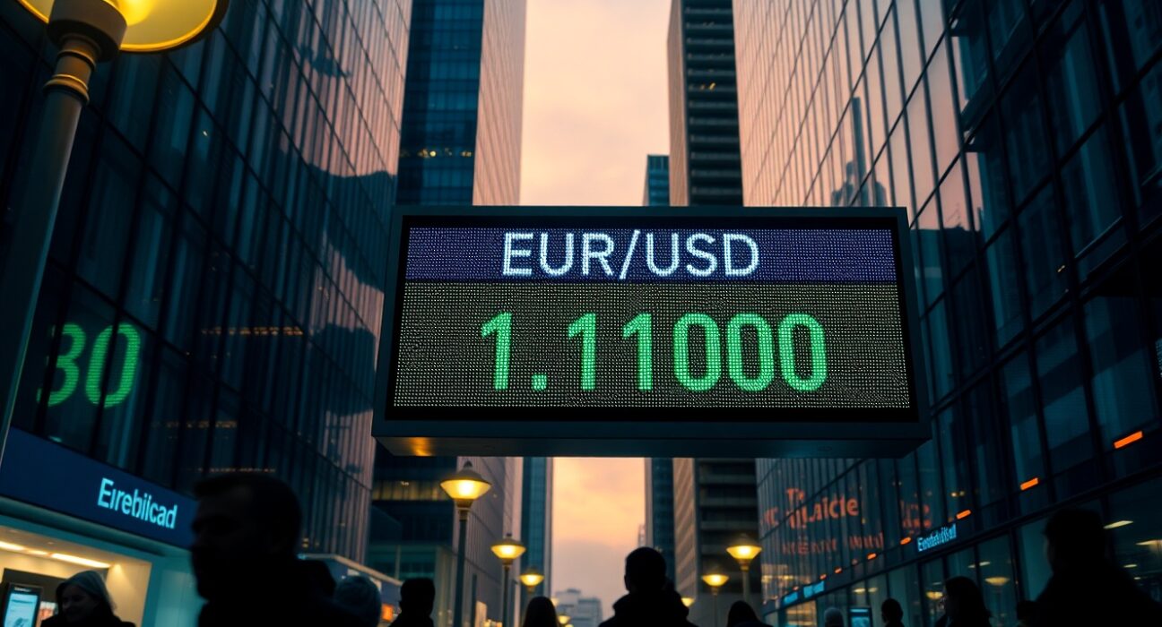 EUR/USD steady at 1.1700 on currency board in European financial district at dusk
