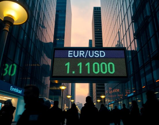 EUR/USD steady at 1.1700 on currency board in European financial district at dusk
