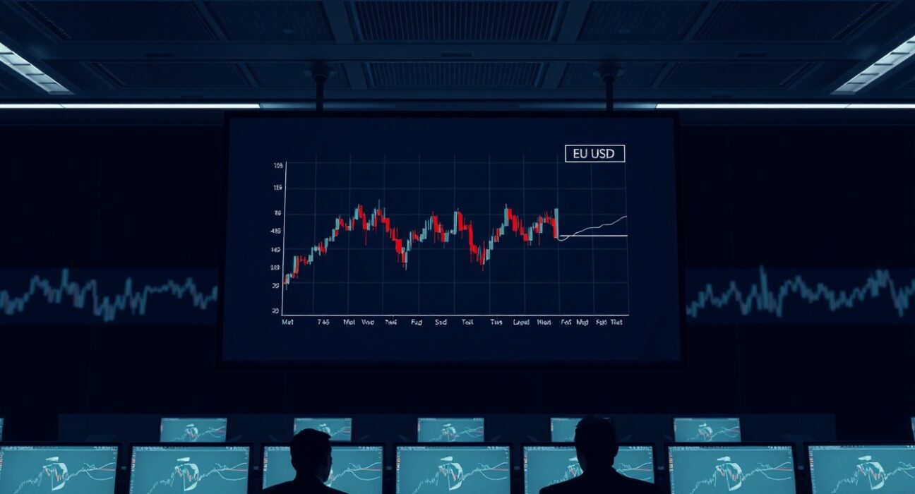 EUR/USD chart showing sideways movement on a trading floor screen as markets remain cautious on US-Iran talks