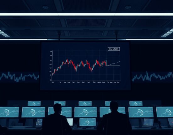 EUR/USD chart showing sideways movement on a trading floor screen as markets remain cautious on US-Iran talks