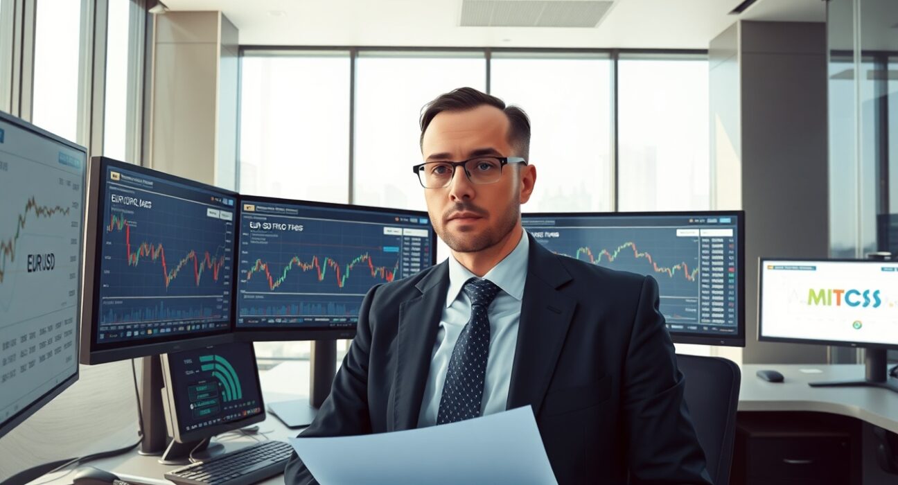 Financial analyst examining EUR/USD charts and ECB data in trading environment