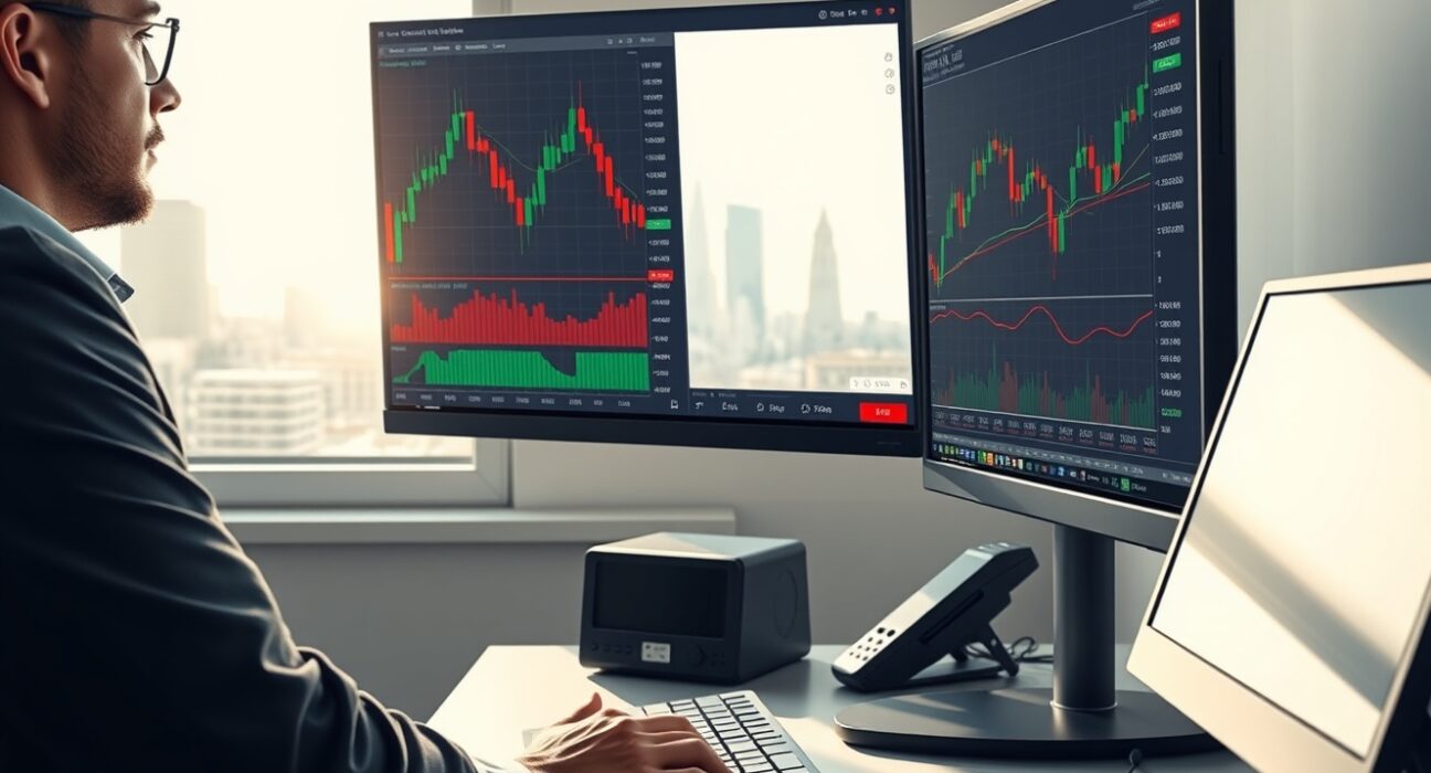 Trader analyzing EUR/USD and oil price charts during market volatility