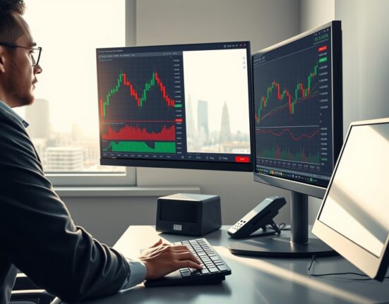 Trader analyzing EUR/USD and oil price charts during market volatility