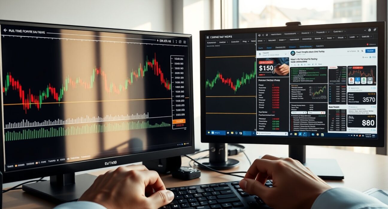 EUR/USD technical analysis on trading desk monitors showing currency pair charts and financial data