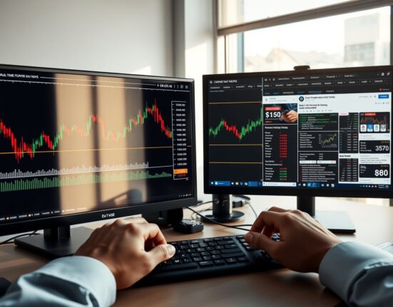 EUR/USD technical analysis on trading desk monitors showing currency pair charts and financial data