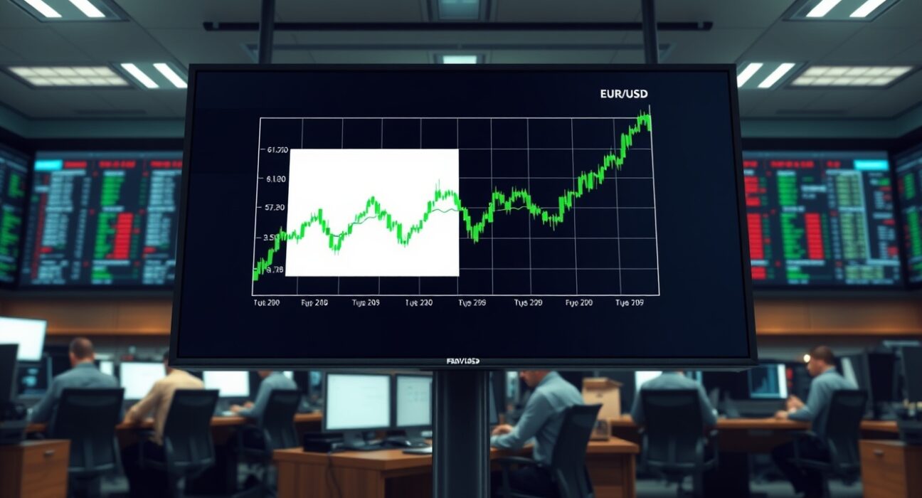 EUR/USD chart surging on ECB rate hike expectations on a forex trading floor.