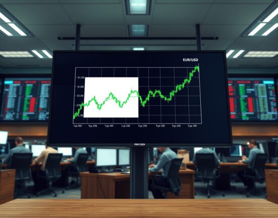 EUR/USD chart surging on ECB rate hike expectations on a forex trading floor.