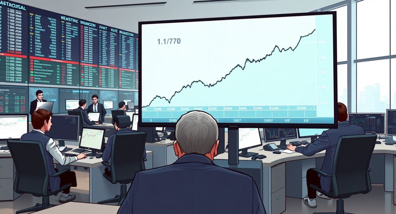 EUR/USD exchange rate chart showing a significant surge on a professional trading desk monitor.