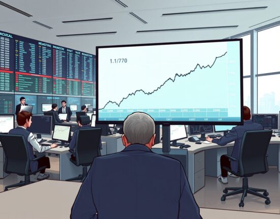 EUR/USD exchange rate chart showing a significant surge on a professional trading desk monitor.