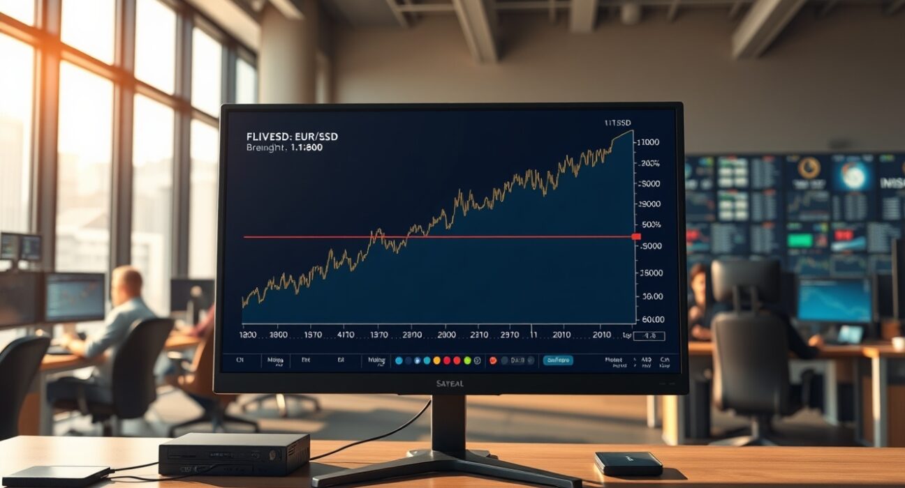 EUR/USD forex chart breaking above 1.1800 on a trading desk monitor, highlighting key market movement.