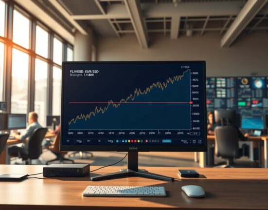 EUR/USD forex chart breaking above 1.1800 on a trading desk monitor, highlighting key market movement.