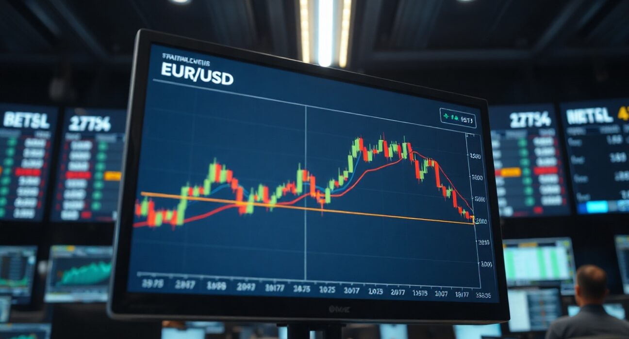 EUR/USD trading chart on a monitor with moving average lines and resistance levels visible
