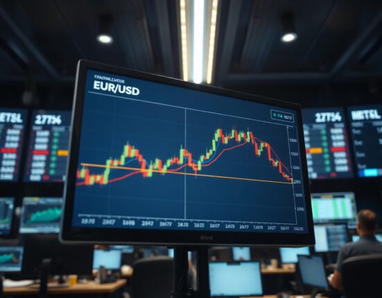 EUR/USD trading chart on a monitor with moving average lines and resistance levels visible