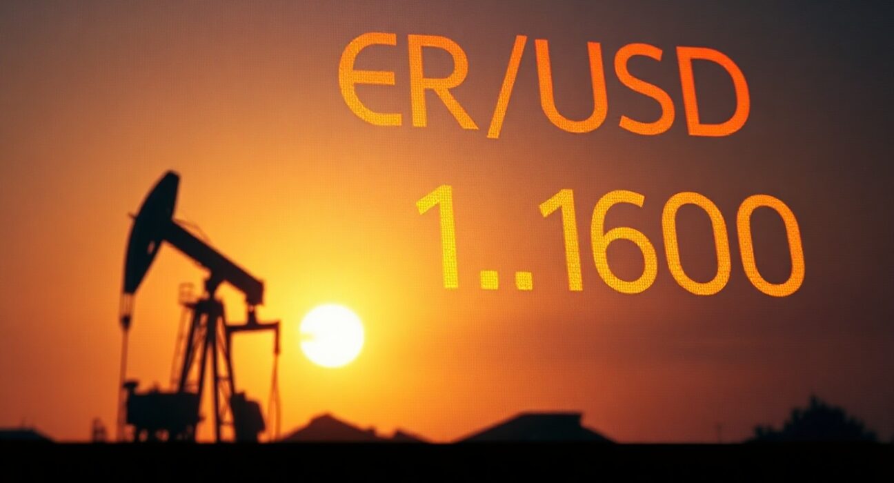 EUR/USD exchange rate at 1.1600 on a trading screen with oil rig in background