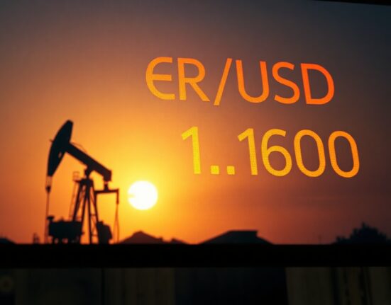 EUR/USD exchange rate at 1.1600 on a trading screen with oil rig in background