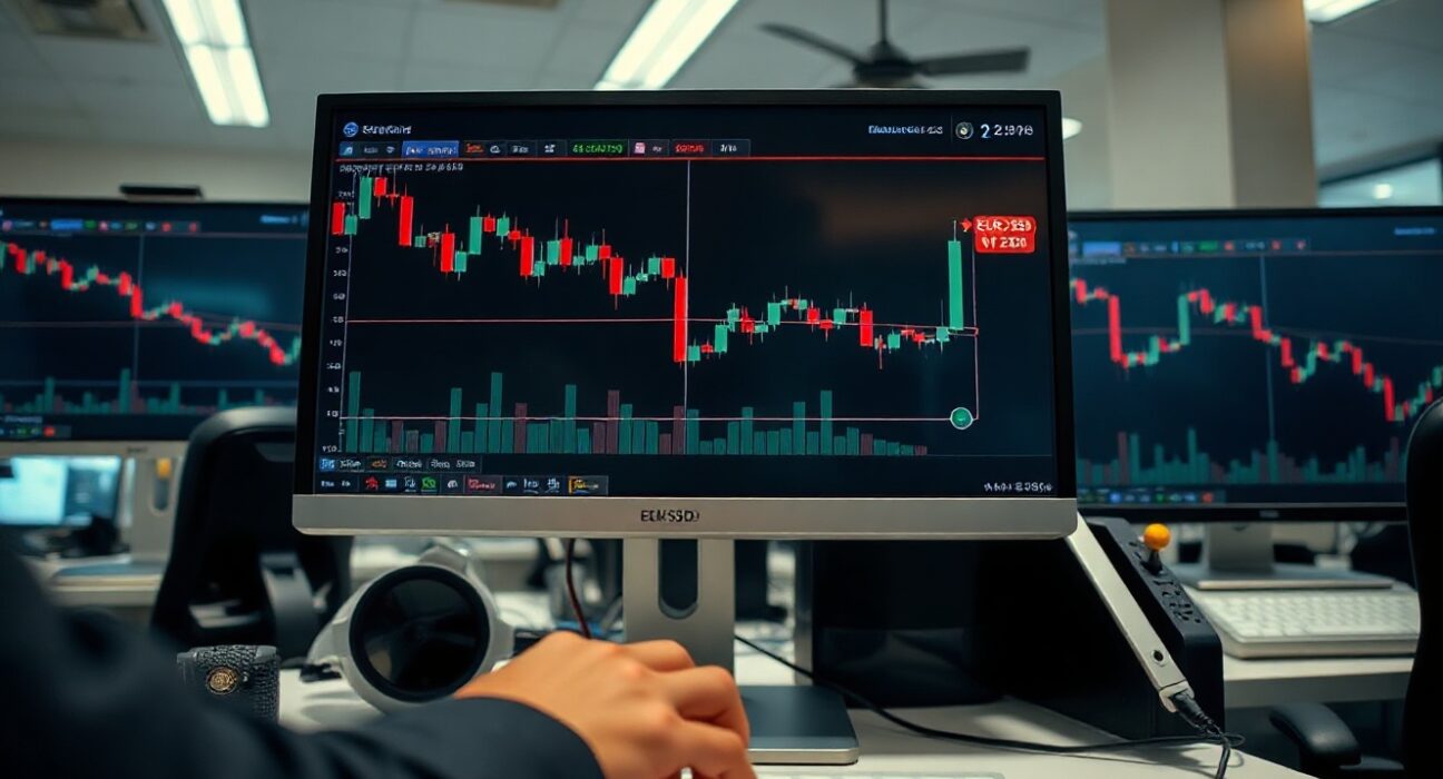 Forex trading monitors showing EUR/USD price chart declining near 1.3991 support level.
