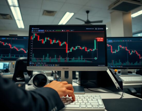 Forex trading monitors showing EUR/USD price chart declining near 1.3991 support level.