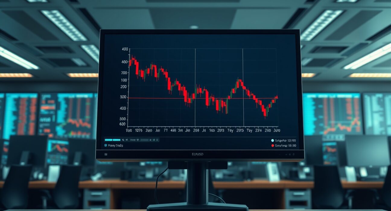 EUR/USD forex chart declining on a trading desk monitor amid geopolitical tension.