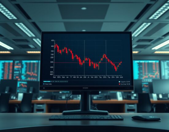 EUR/USD forex chart declining on a trading desk monitor amid geopolitical tension.