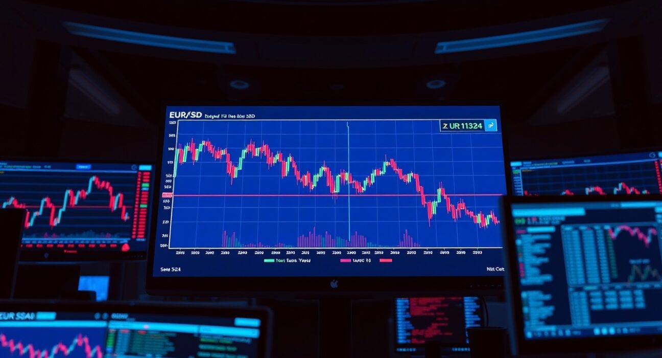 Trading desk monitors showing EUR/USD chart approaching yearly lows