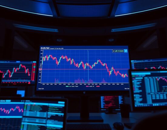 Trading desk monitors showing EUR/USD chart approaching yearly lows