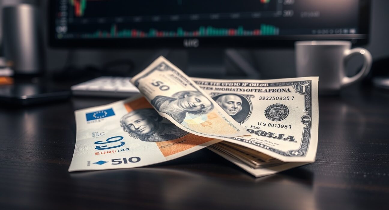 Euro and US Dollar banknotes on a desk with a financial chart in the background