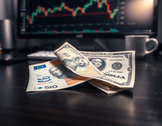 Euro and US Dollar banknotes on a desk with a financial chart in the background