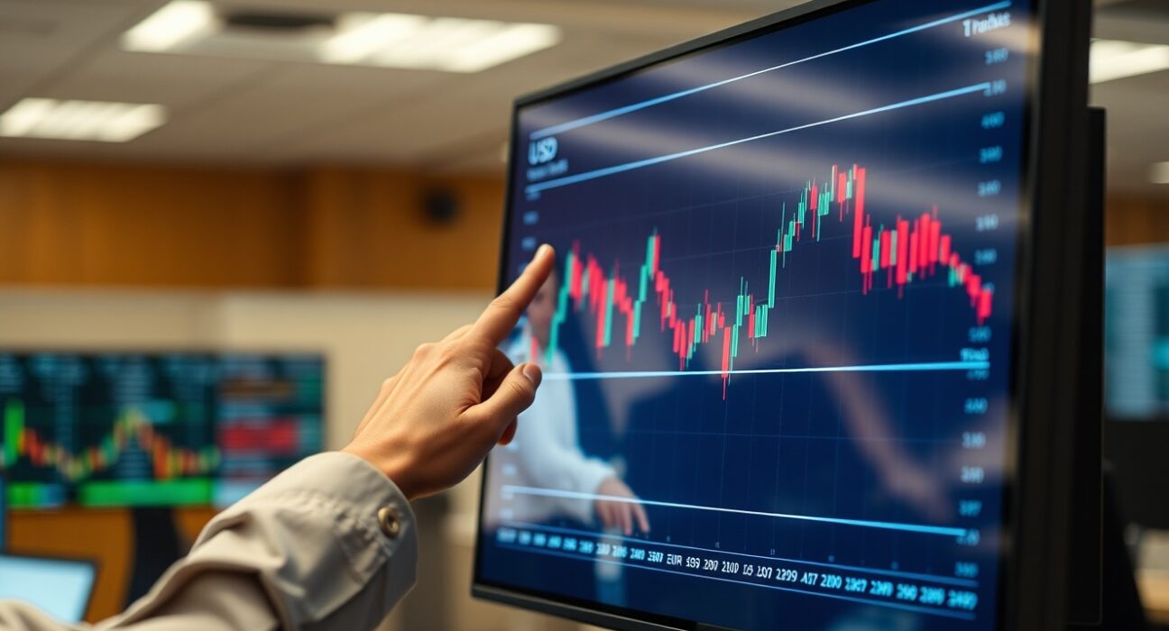 Financial analyst pointing at EUR/USD candlestick chart showing mild downside bias within a range.
