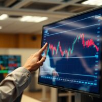 Financial analyst pointing at EUR/USD candlestick chart showing mild downside bias within a range.