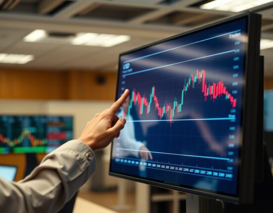Financial analyst pointing at EUR/USD candlestick chart showing mild downside bias within a range.