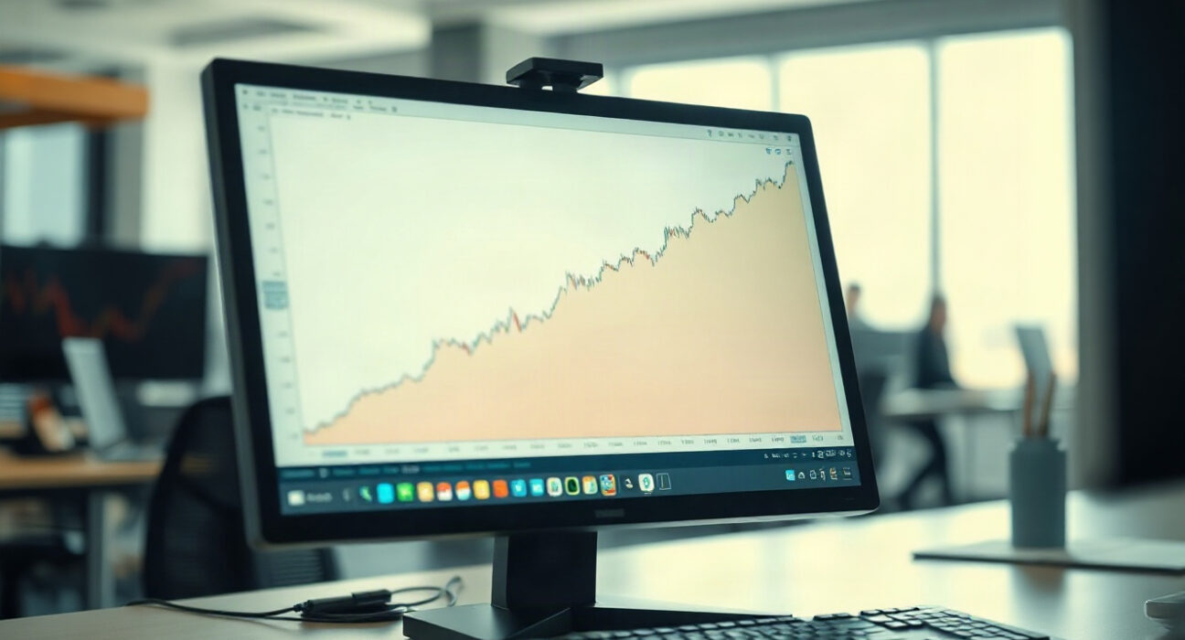EUR/USD chart showing an upward trend on a trading screen in a professional office setting