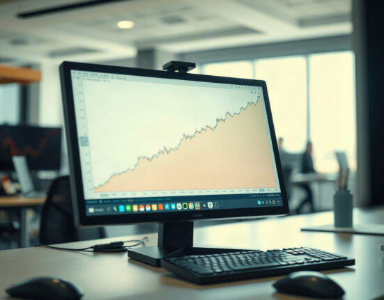 EUR/USD chart showing an upward trend on a trading screen in a professional office setting