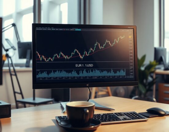 EUR/USD chart with upward trend targeting 1.1590 on analyst's screen