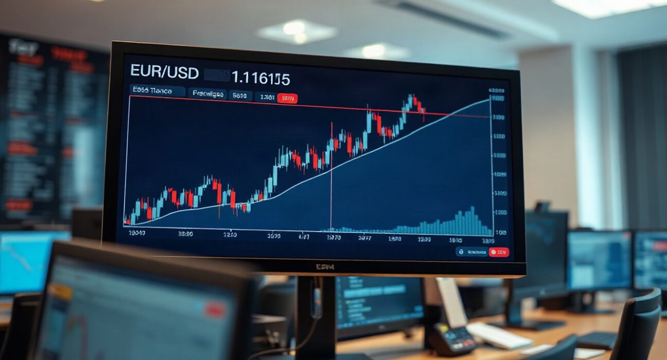 EUR/USD currency chart on a trading screen with resistance level at 1.1615 highlighted