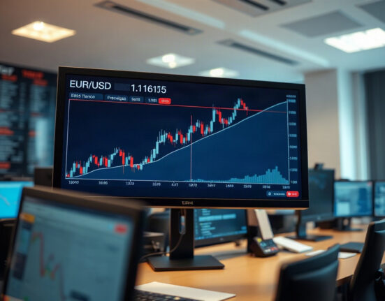 EUR/USD currency chart on a trading screen with resistance level at 1.1615 highlighted