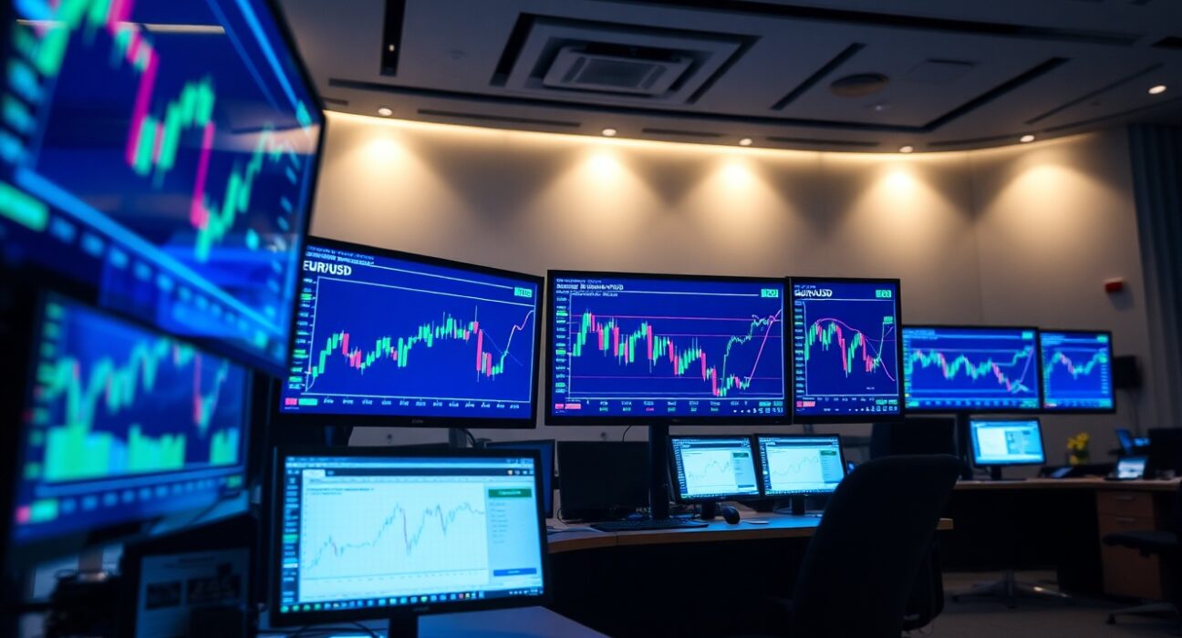 EUR/USD currency chart on trading monitors at a financial desk