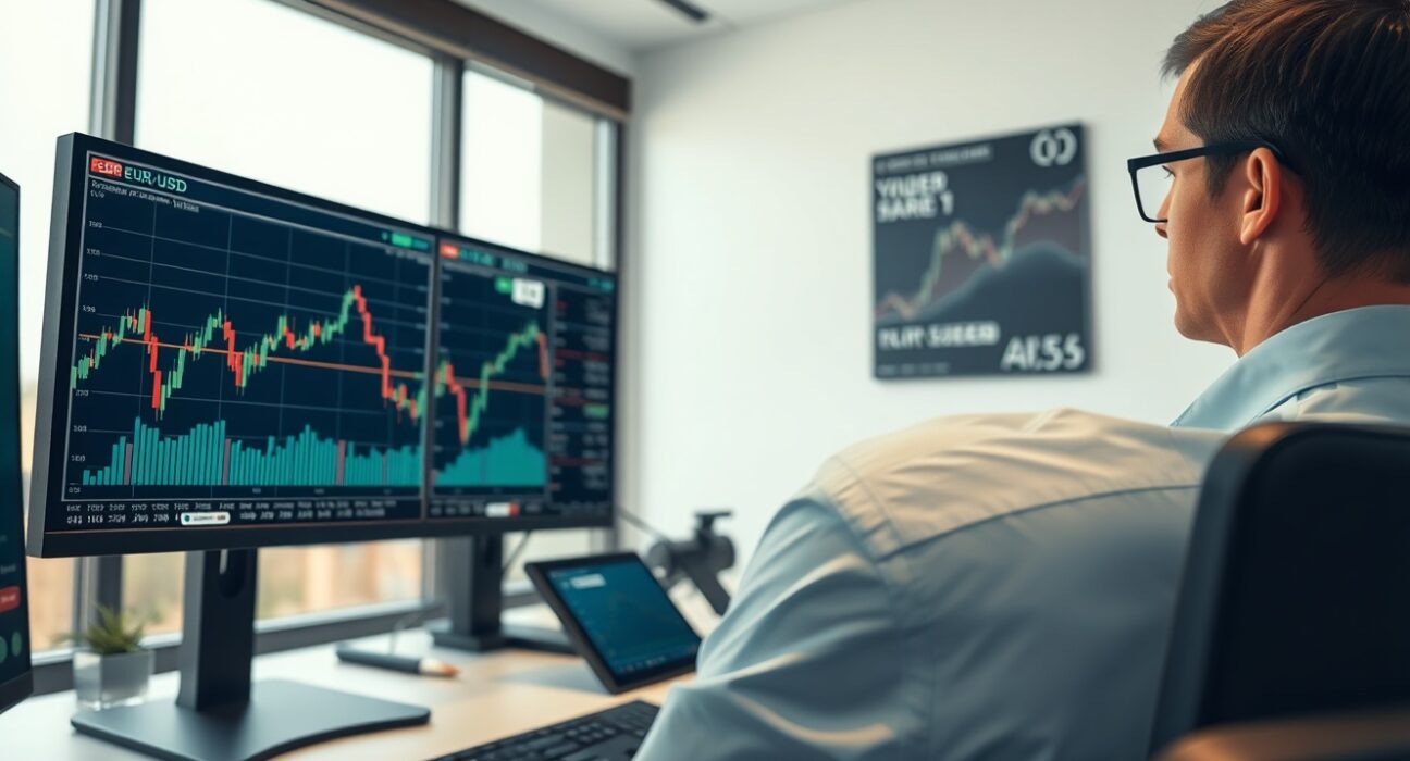 Professional forex trader analyzing EUR/USD technical charts and market data on multiple monitors