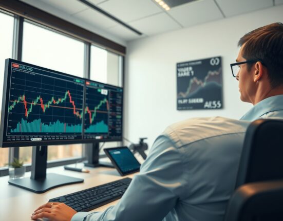 Professional forex trader analyzing EUR/USD technical charts and market data on multiple monitors
