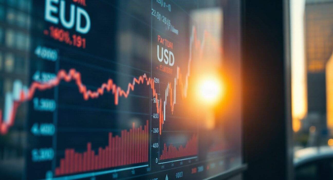 EUR/USD trading screen showing an upward trend line in a modern financial setting