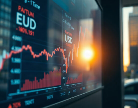 EUR/USD trading screen showing an upward trend line in a modern financial setting