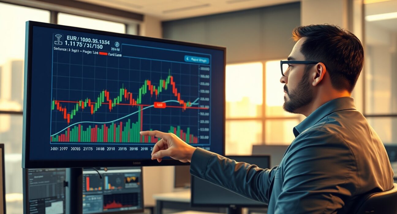 Financial analyst examining EUR/USD technical chart showing critical price levels for forex traders