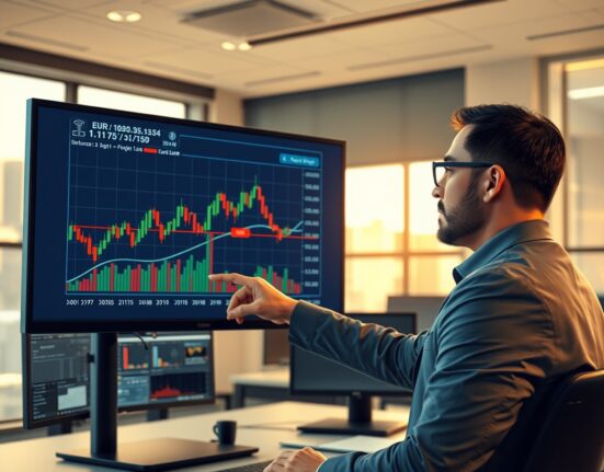 Financial analyst examining EUR/USD technical chart showing critical price levels for forex traders