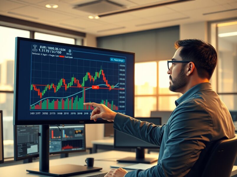 Financial analyst examining EUR/USD technical chart showing critical price levels for forex traders