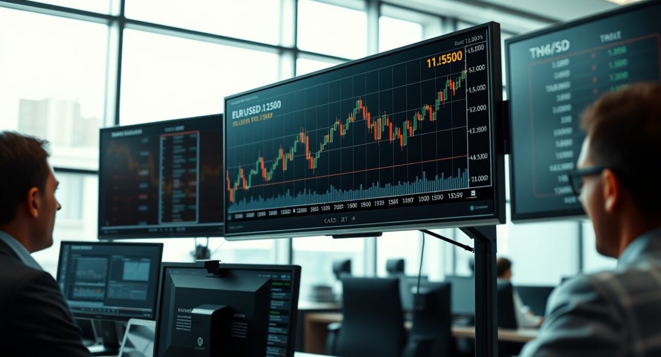 EUR/USD exchange rate chart climbing above 1.1500 on a professional trading terminal amid US-Iran diplomacy news.