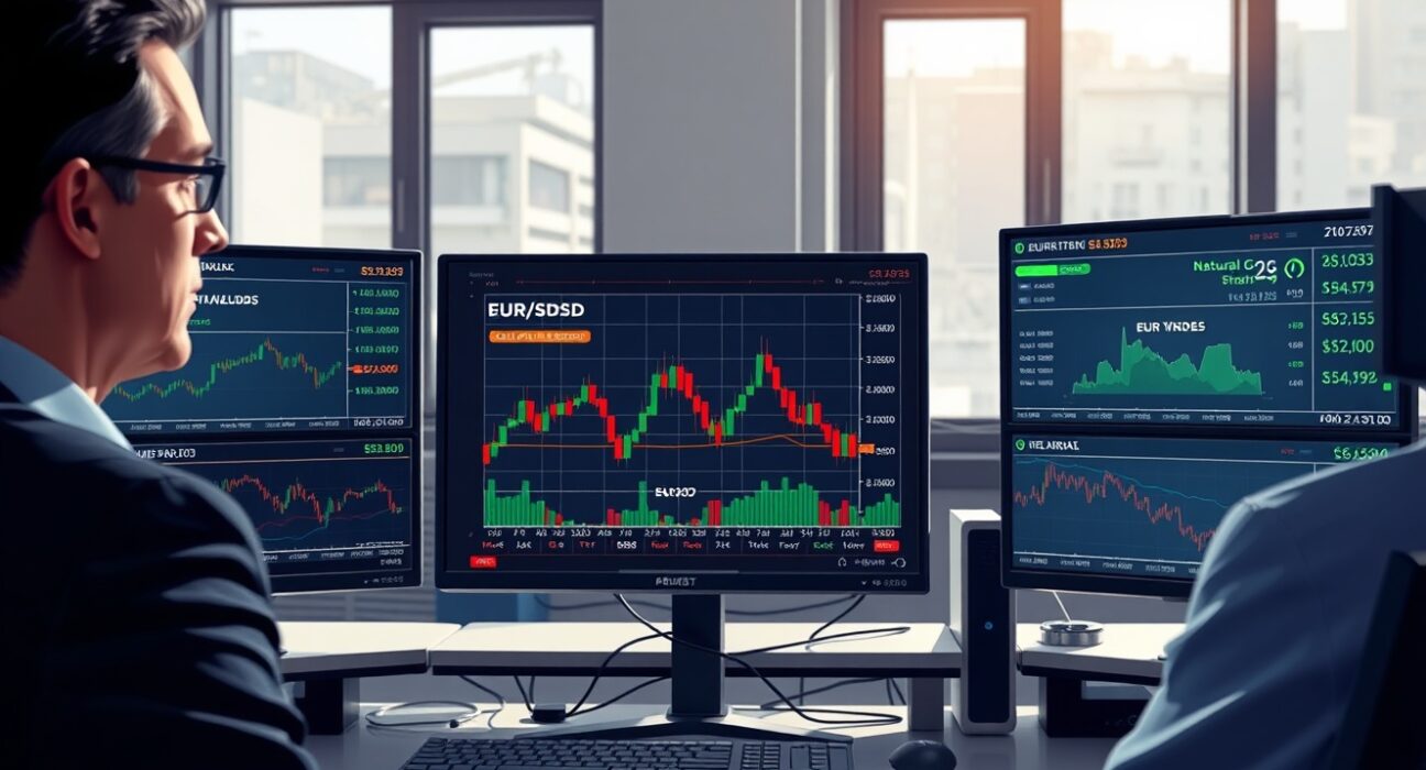 EUR/USD currency analysis on trading desk monitors showing volatility signals and energy market data impact