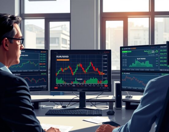 EUR/USD currency analysis on trading desk monitors showing volatility signals and energy market data impact