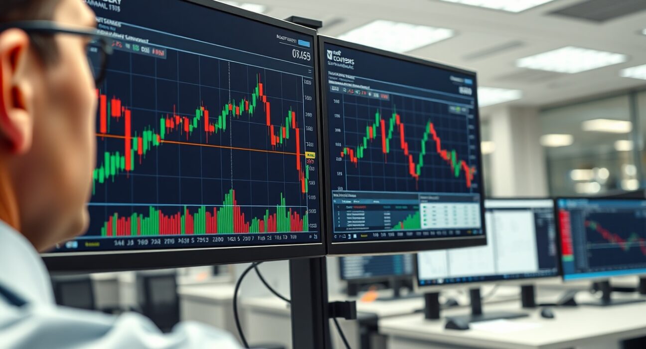 Analyst reviewing EUR/USD technical charts showing a vulnerable trend on trading screens.